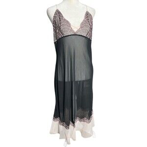 Fantasies by Morgan Taylor lace slip dress sheer with back tie Black & Pink Sz L